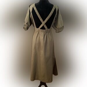 Line and dot;olive green long dress, cross straps open back & splits Size L NWOT